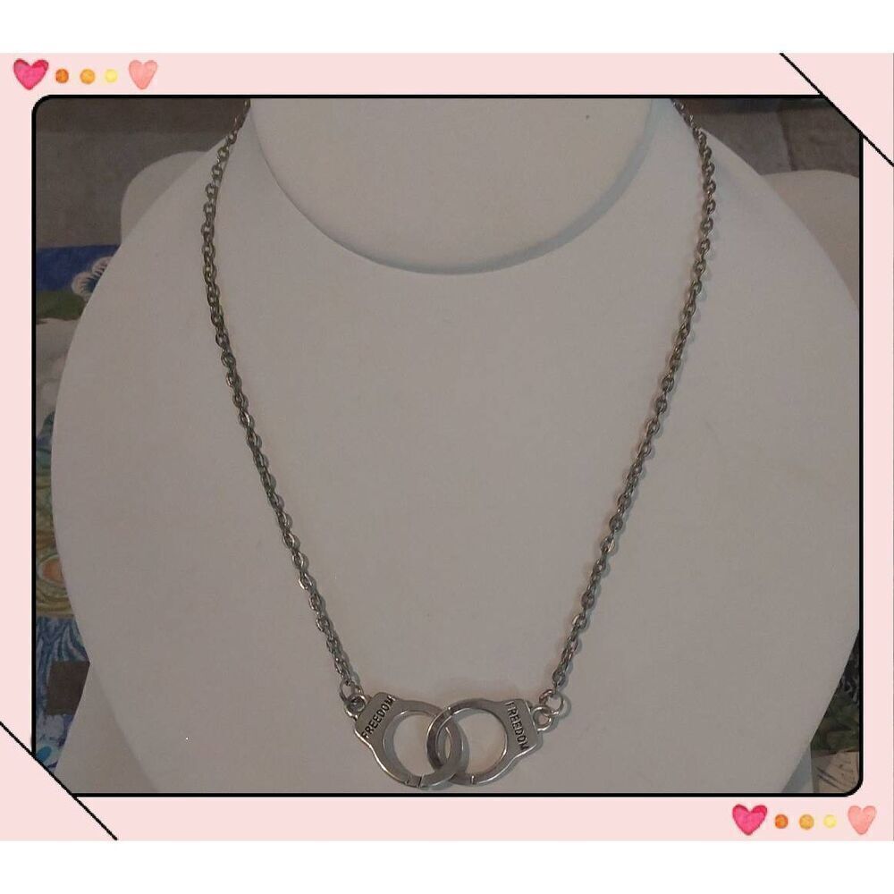 New .925 Sterling Silver "Freedom" Pair of Handcuffs Necklace